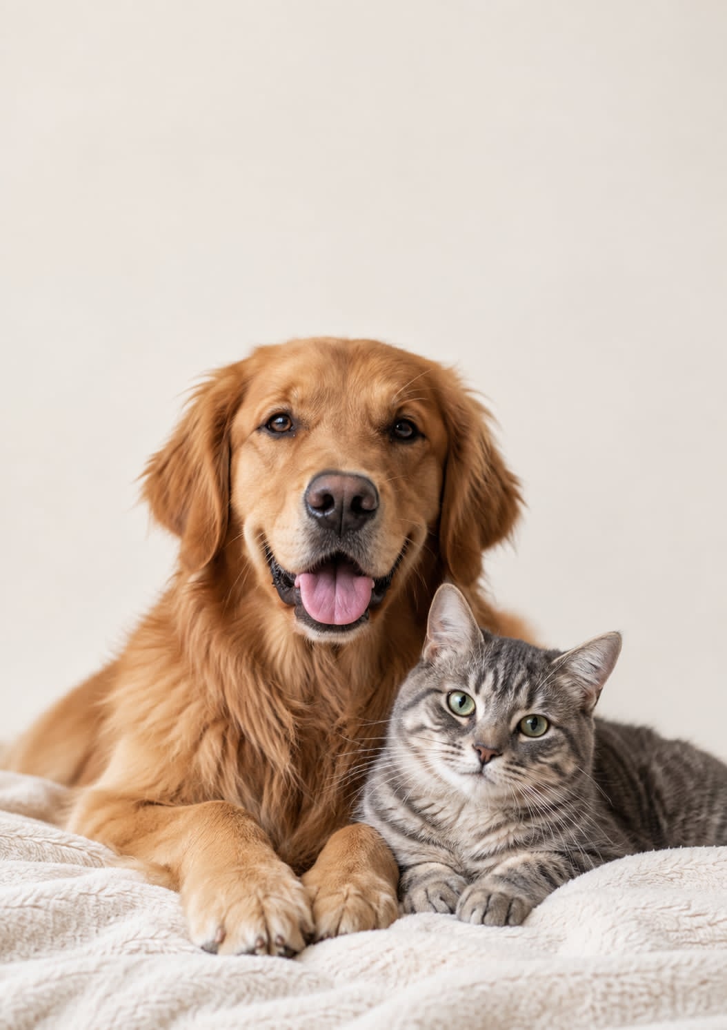 En golden retriever og en grå kat ligger side om side på et tæppe